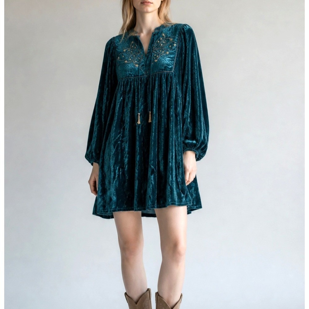 Ollari Hazel Quilted Embellished Mini Dress in Olive Bark/ Royal Teal Size Small
